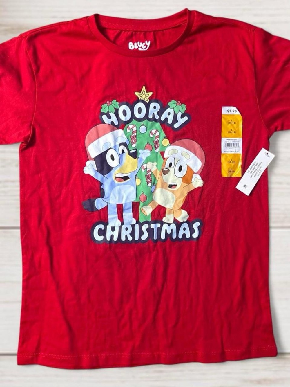 Girls Large 10/12 Bluey & Bingo 'Hooray Christmas' Red Kids Short Sleeve Tee
